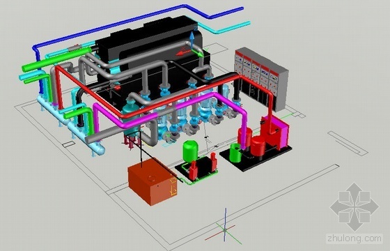 高层冷水机房原理资料下载-冷水机组机房3d图