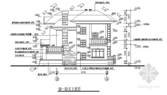 某三层小型别墅建筑施工图-东立面图