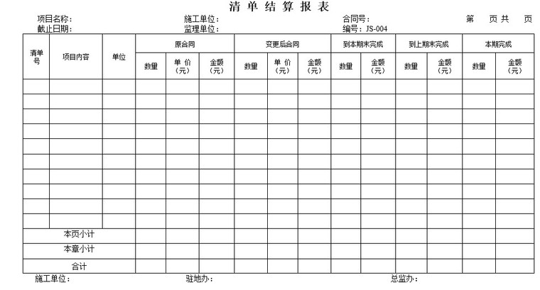 公路工程工程结算书-3、清 单 结 算 报 表