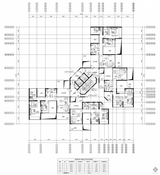 高层板式住宅户型图120资料下载-塔式高层一梯四户户型图(120/120/111/96)