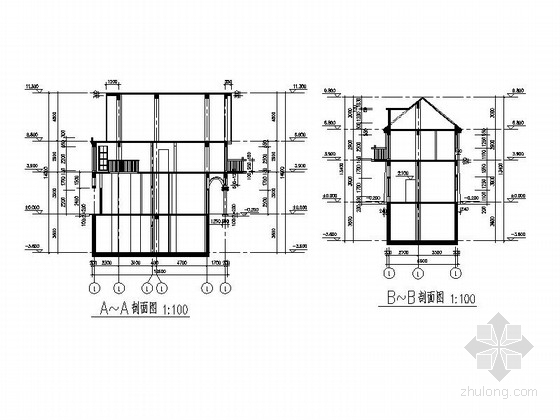 两层瑞典式风格别墅建筑施工图-两层瑞典式风格别墅建筑剖面图 