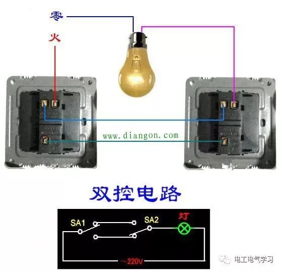灯具控制接线CAD图资料下载-两个开关控制一个灯用什么开关？怎么接线？