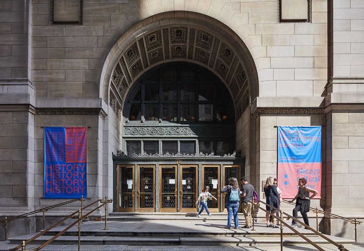 The outside of the Chicago Cultural Center at the 2017 Chicago Architecture Biennial. Image © Tom Harris