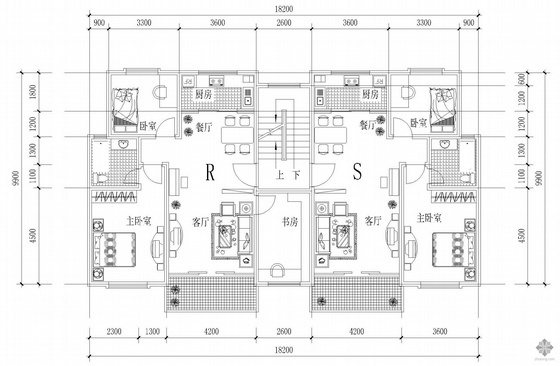 18层板式住宅户型图资料下载-板式多层一梯两户户型图(99/84)
