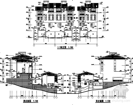 [南京]某海岸项目叠院拼接别墅建筑施工图（D10、D11型）-侧立面图