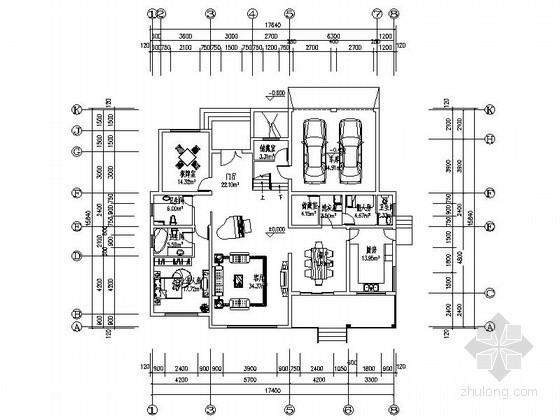 130平方米的住宅平面图资料下载-某二层独栋别墅平面图（415平方米）
