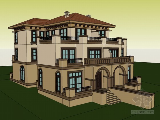欧式别墅建筑模型资料下载-欧式双联别墅SketchUp模型下载