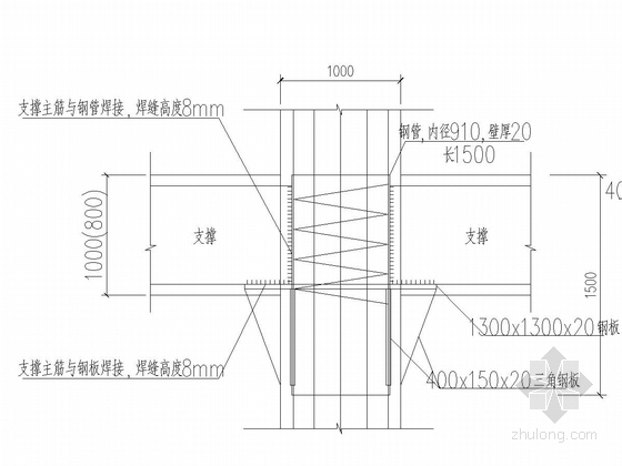 [广东]超高层建筑14米深基坑桩撑支护施工图（圆形内支撑）-立柱中部与第二道支撑连接大样图
