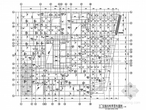 [四川]地上39层剪力墙结构超高层商住楼结构施工图（地下三层）-三~五层结构平面布置图 