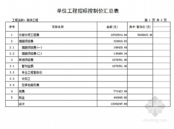 山东省单位估价表资料下载-[山东]2013年艺术楼装饰工程招标控制价