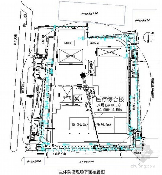建筑施工现场平面布置软件资料下载-[北京]医院综合楼施工现场平面布置图（基础、主体、装修）