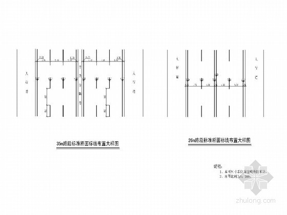 湖岸断面大样六资料下载-城市道路26m、35m路段标准断面标线布置大样图CAD