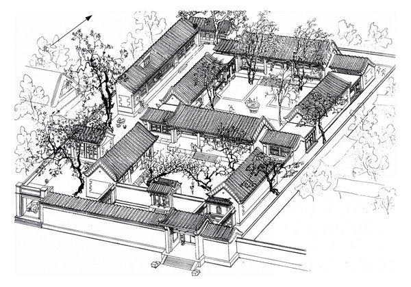 庭院手绘方案资料下载-传统庭院建筑手绘鸟瞰图