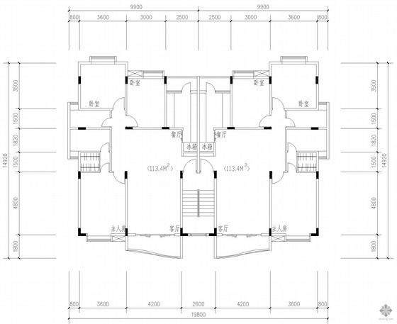 板式二梯户户型图资料下载-板式多层一梯二户户型图(126/126)