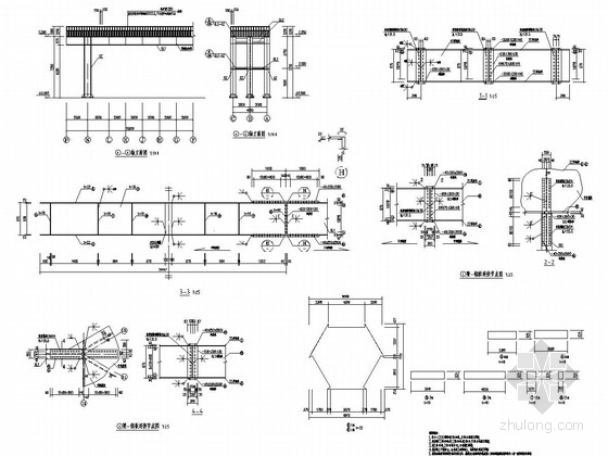 Y字型人行天桥结构施工图-轴立面图 中部钢箱剖面图 