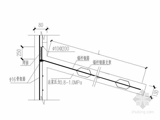 [福建]悬臂桩加高压旋喷水泥土桩锚深基坑支护及边坡防护施工图-锚杆与面层钢筋连接大样