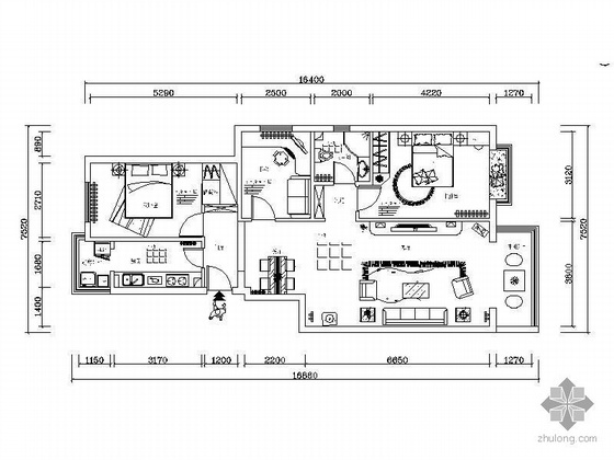 三室两厅原始平面图资料下载-三室两厅施工图