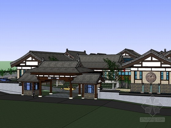 中式办公楼模型cad资料下载-中式办公楼群建筑sketchup模型下载