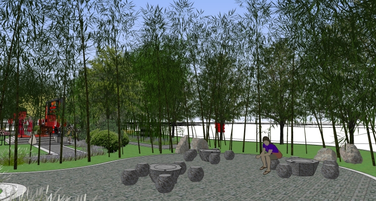 中式景观水池模型资料下载-中式公园景观SU模型