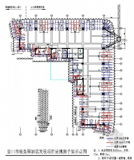 [辽宁]大酒店项目型钢悬挑外脚手架安全专项施工方案（悬挑高度20.2m）-工字钢及外脚手架平面布置图 