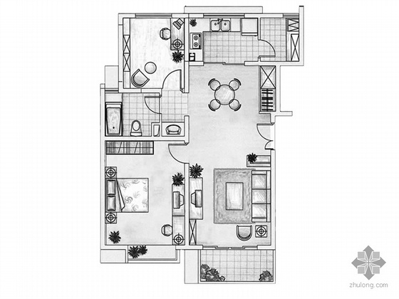 小型影视厅平面图资料下载-二室二厅户型平面图（99）