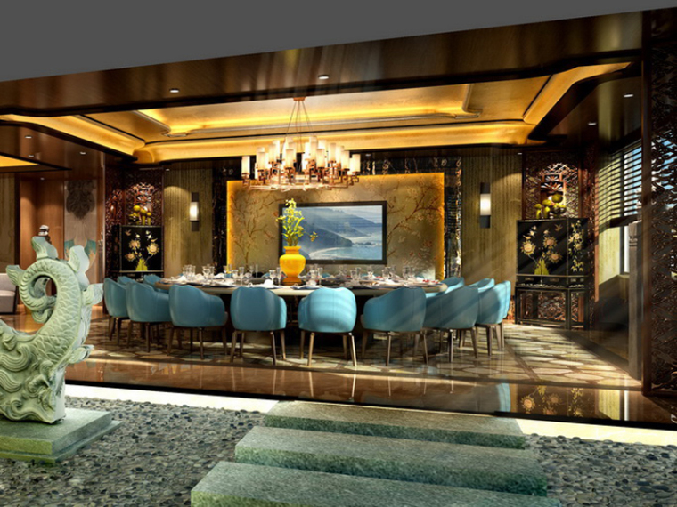 餐饮包厢平面图资料下载-华丽餐厅包厢3D模型下载