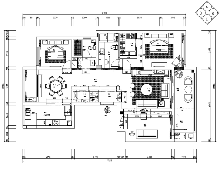 御河湾140平米现代简约住宅设计施工图（附效果图+3D模型）-平面尺寸图