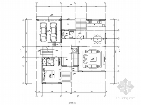 [苏州]两层钢框架结构别墅结构施工图（含pkpm计算模型 建筑图）-一层平面图