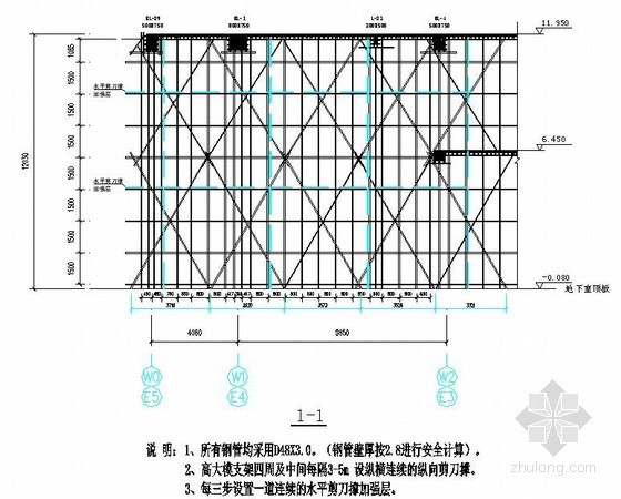 [上海]商业办公楼项目上部结构高支模施工评审方案（A3版式30页 图表齐全）-1-1剖面图 