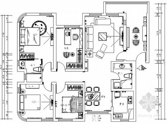 cad平面图三居室资料下载-豪华简欧三居室室内设计CAD施工图（含效果图）