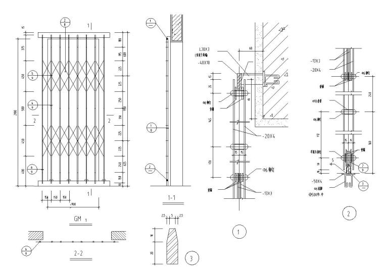 33个铁栅门节点构造详图——建筑详图-GM1铁栅门（四片）及节点祥图