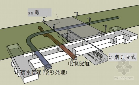 [湖南]轨道交通换乘站实施性施工组织设计160页（明挖顺筑法）-电缆隧道与车站关系图 