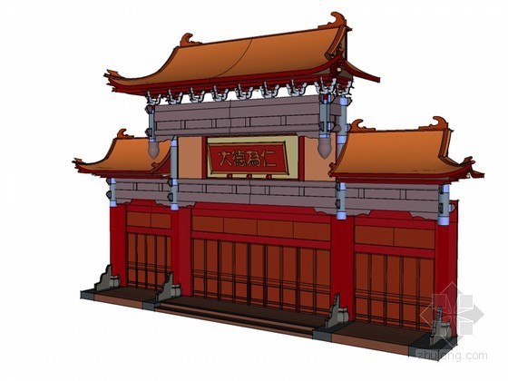 中式茶馆门头3D模型资料下载-中式古建门头SketchUp模型下载