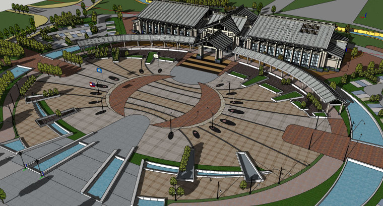 广场高杆灯3d模型资料下载-中式旅游度假区温泉广场建筑设计模型