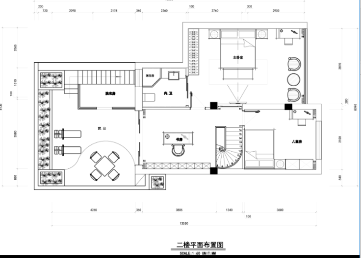 虹桥花园别墅室内装修设计施工图及效果图-二层平面布置图