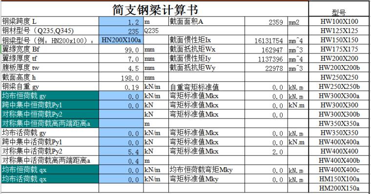 电梯钢结构设计计算书资料下载-钢结构设计单跨简支钢梁计算程序（excel）