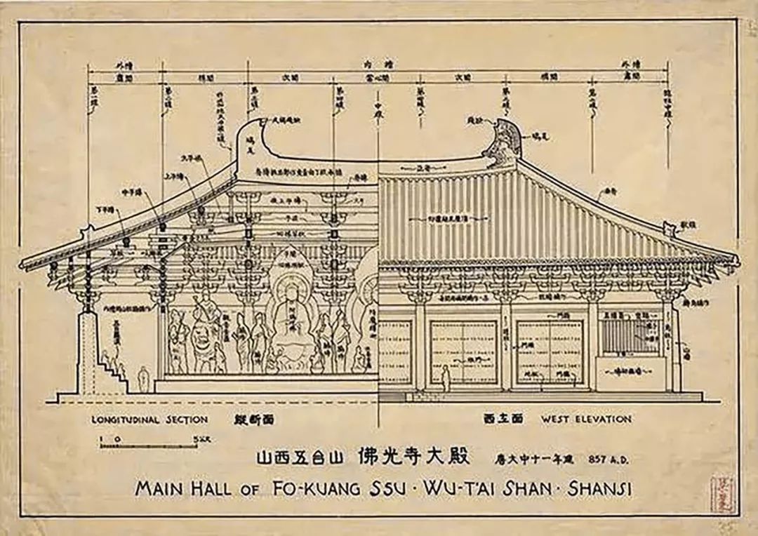 佛光寺东大殿正立面,剖面图,梁思成绘制