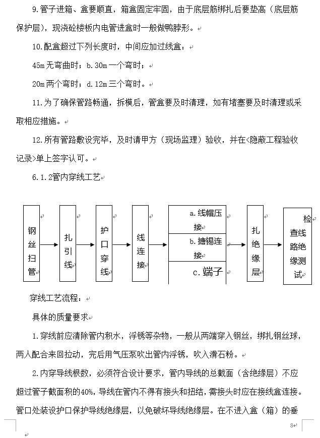 江苏住宅楼水电安装施工组织设计-管内穿线工艺