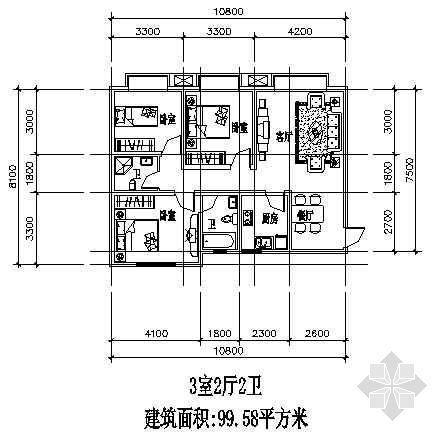 三室两厅两卫户型图装修资料下载-三室两厅一厨两卫99.58平方米