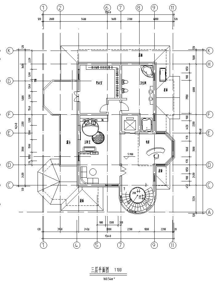 三层独栋别墅建筑施工图设计-三层平面图