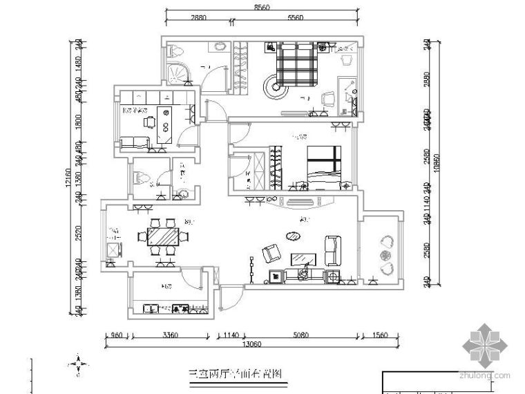 三室两厅cad施工图纸资料下载-[湖南]现代三室两厅家居施工图