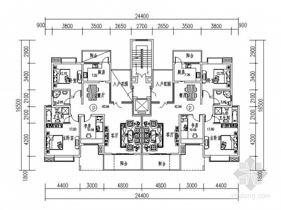 三房两卫户型图资料下载-[成都]某高级公馆一梯二住宅户型图（带入户花园）