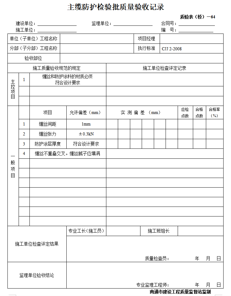 桥梁工程监理质量验收表格全套（99页）-主缆防护检验批质量验收记录