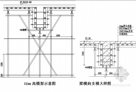 变电所装置楼工程扣件式满堂支撑架施工方案(55页)-梁横向支模大样图 