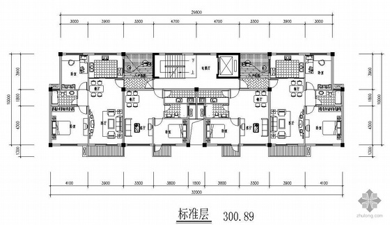 一梯两户高层住宅CAD图资料下载-板式高层一梯两户有复式户型图(300/300)