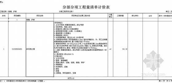 [重庆]2013年某6层框架结构辅楼及停车场项目挡墙边坡工程量清单（CAD详图+项目特征）-分部分项工程量清单计价表 