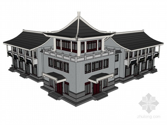 中式古典建筑效果图资料下载-古典建筑SketchUp模型下载