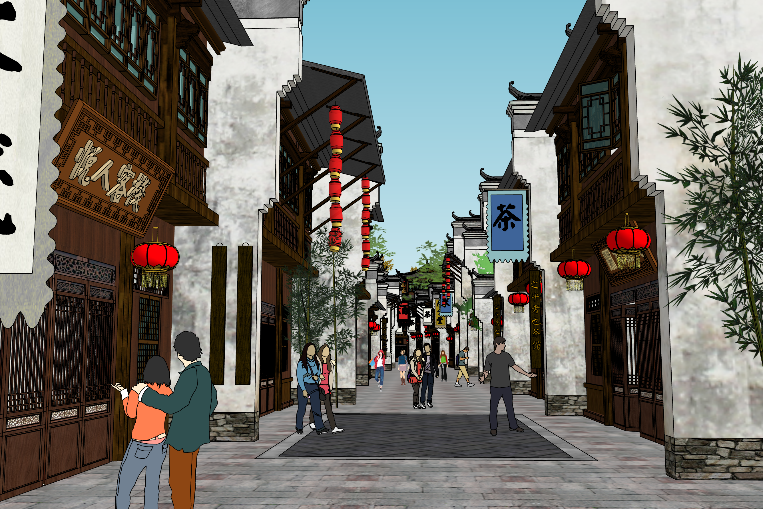 滨水中式古建筑商业步行街建筑su模型