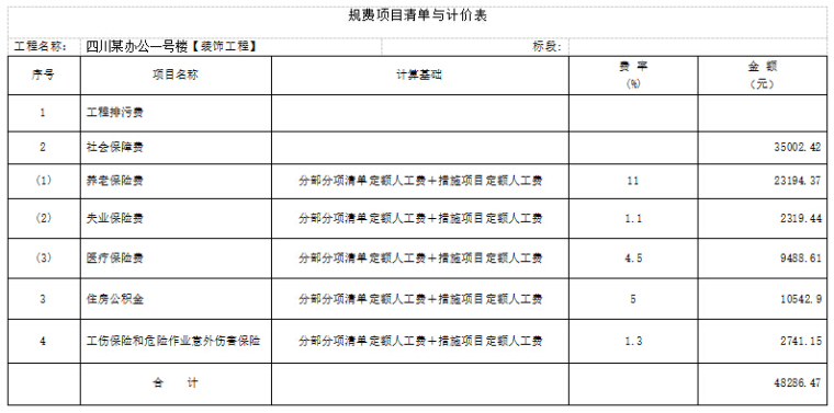 四川某办公1号楼工程量清单及计价编制-规费项目清单与计价表