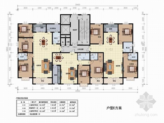 110平方米高层户型模型资料下载-高层住宅一梯三户型平面图（110、153平方米）